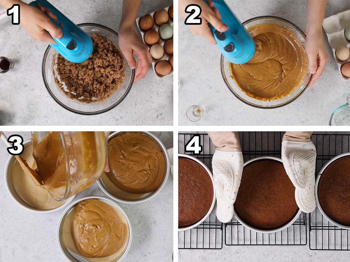 Collage of four photos showing cake batter being prepared, poured into pans, and baked.