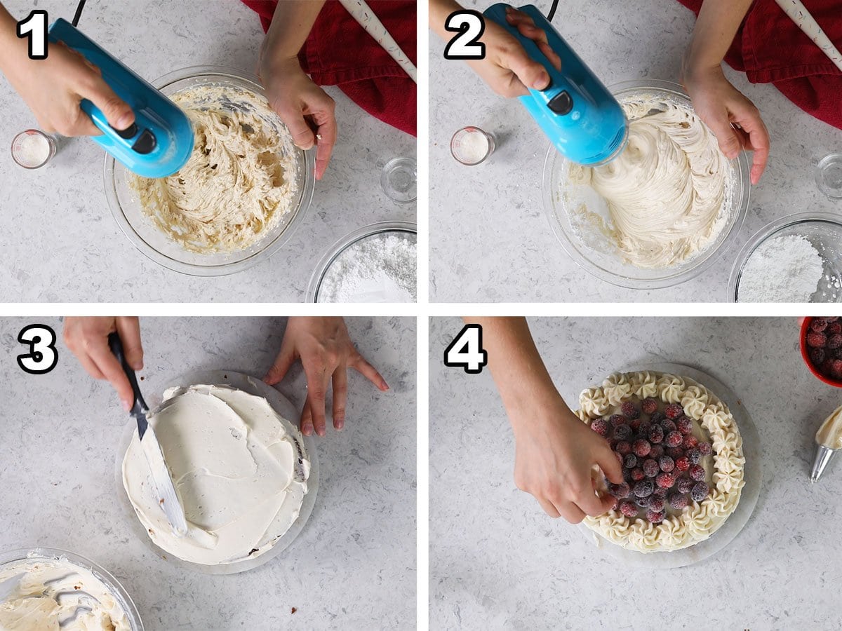 Collage of four photos showing icing being prepared, smoothed over cake, and piped.