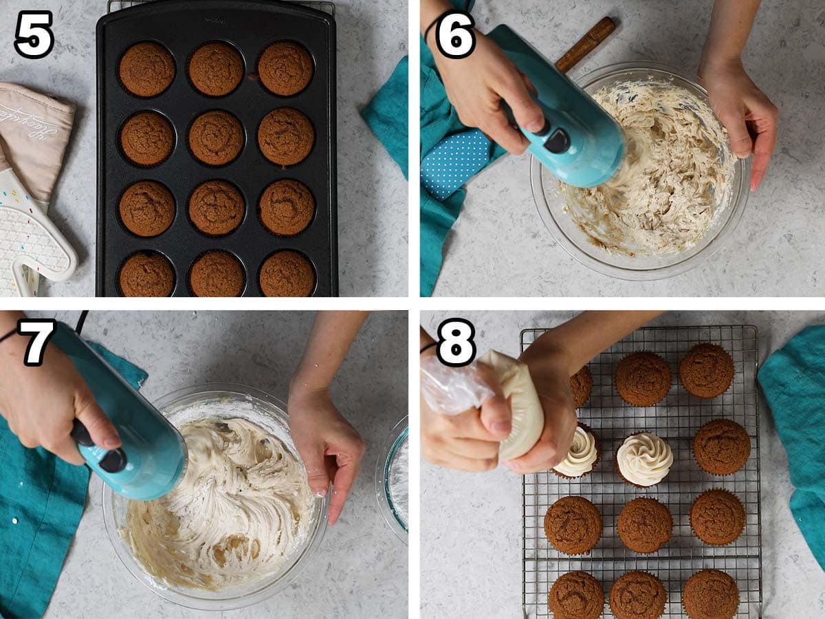 Collage of four photos showing cupcakes being frosted with icing.