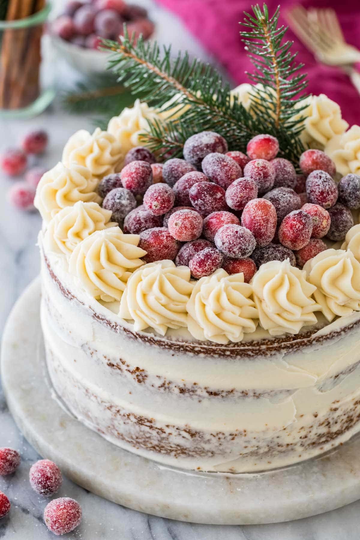 Three layer gingerbread cake decorated with cream cheese frosting and sugared cranberries.