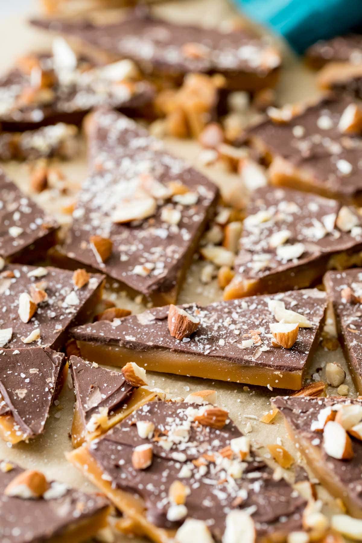 Chocolate and almond covered toffee made from a homemade toffee recipe.