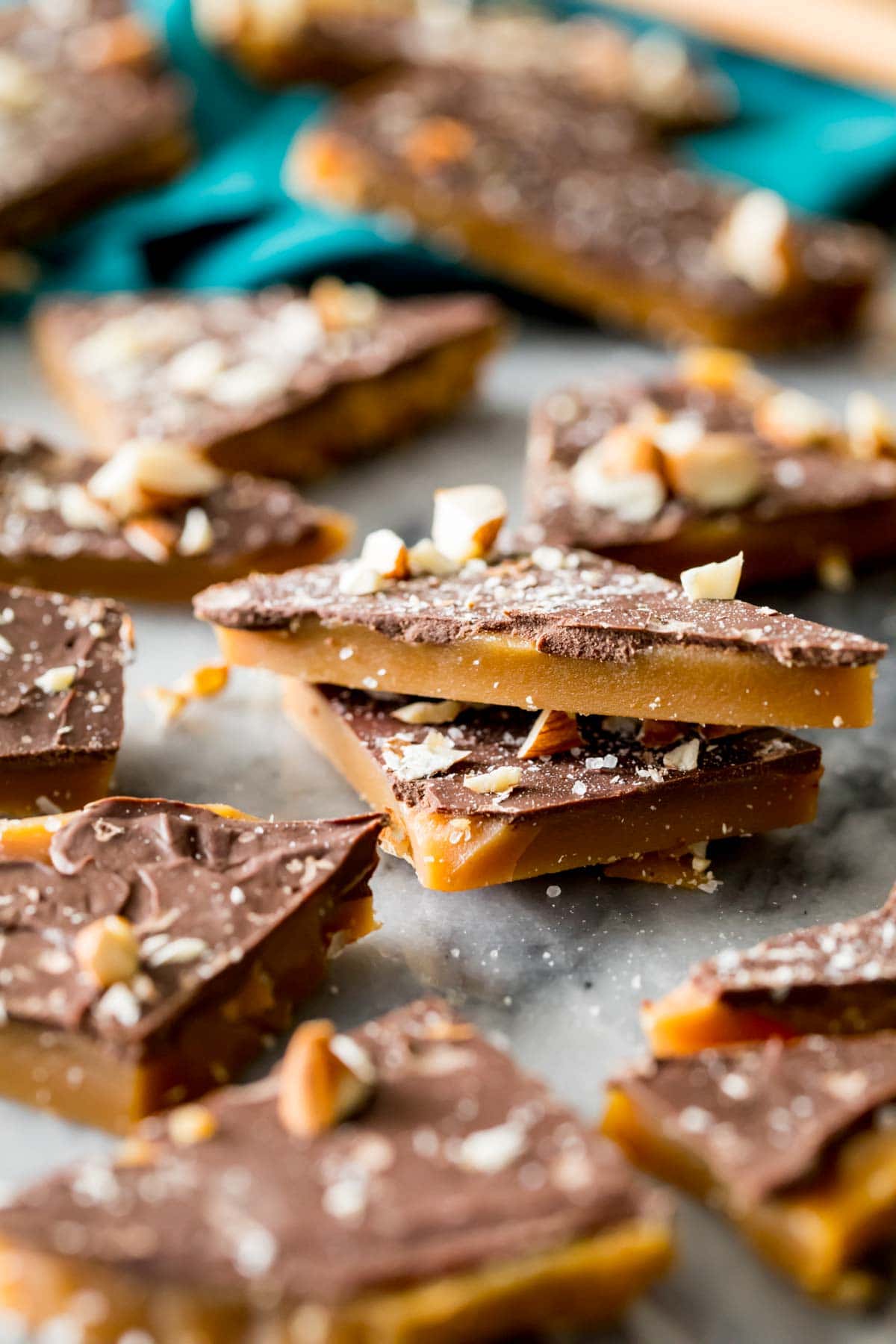 Toffee pieces after being broken apart.