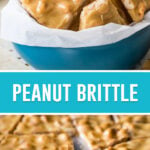 collage of peanut brittle, top image of broken brittle in teal bowl, bottom images of cracked pieces on baking tray close up