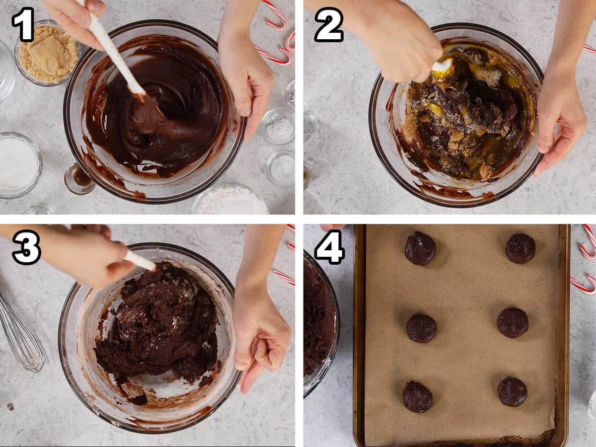 Collage of four photos showing chocolate cookie dough being prepared and rolled into balls.