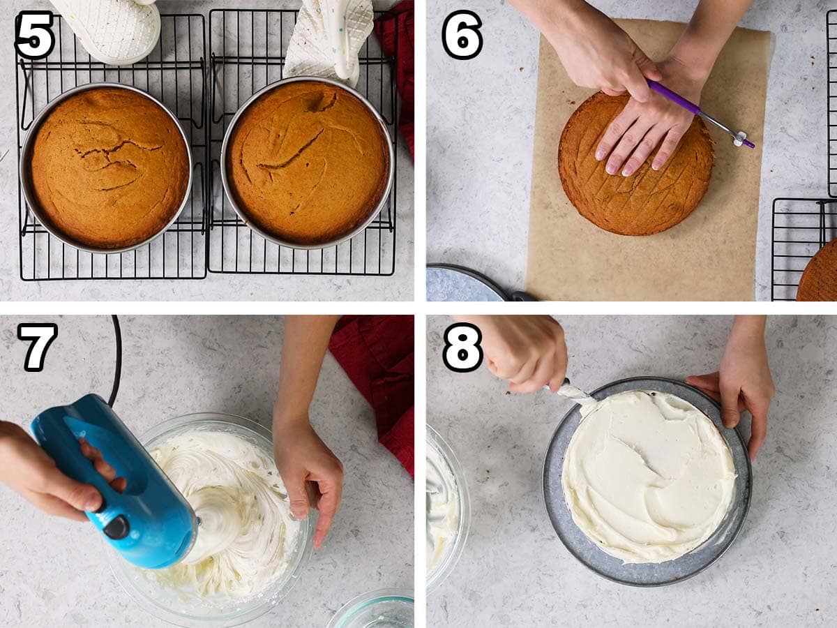 Collage of four photos showing cakes being leveled and frosted after baking.