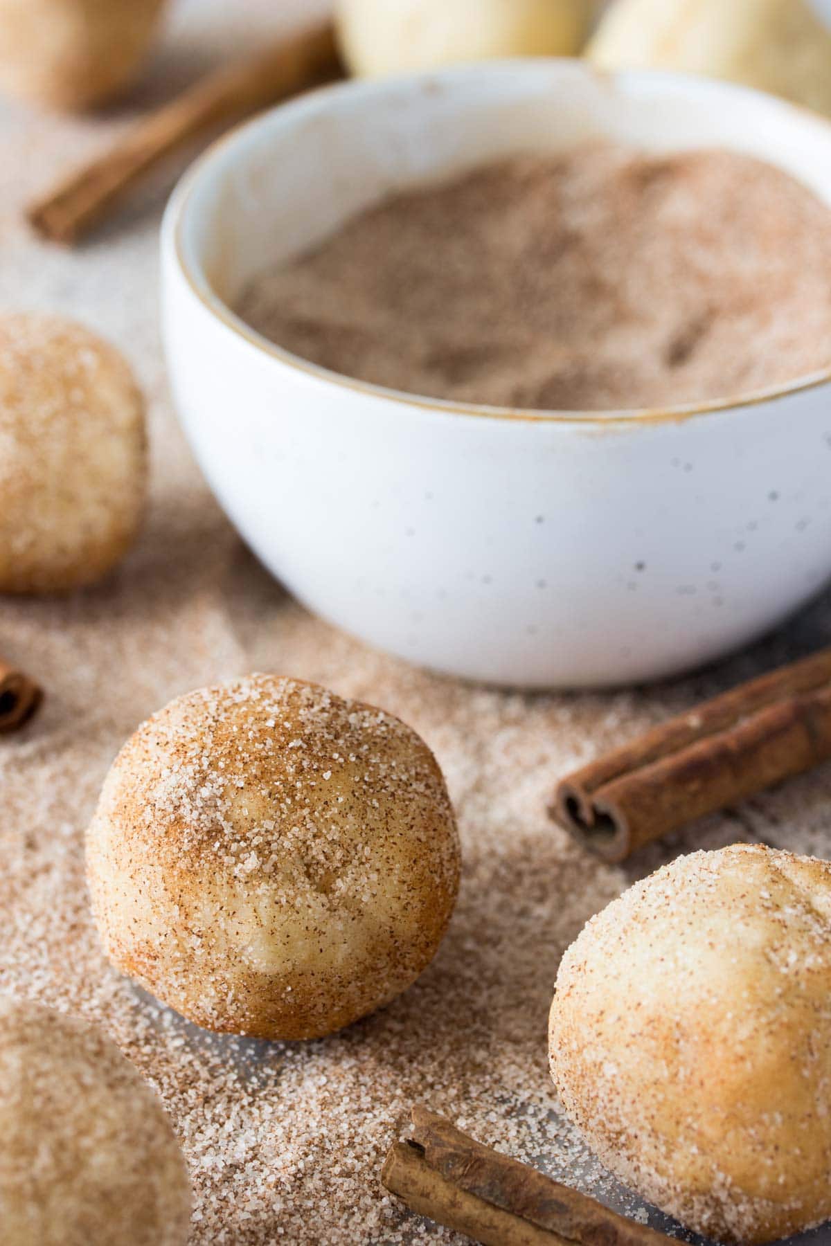 Cookie dough balls that have been rolled in cinnamon sugar.