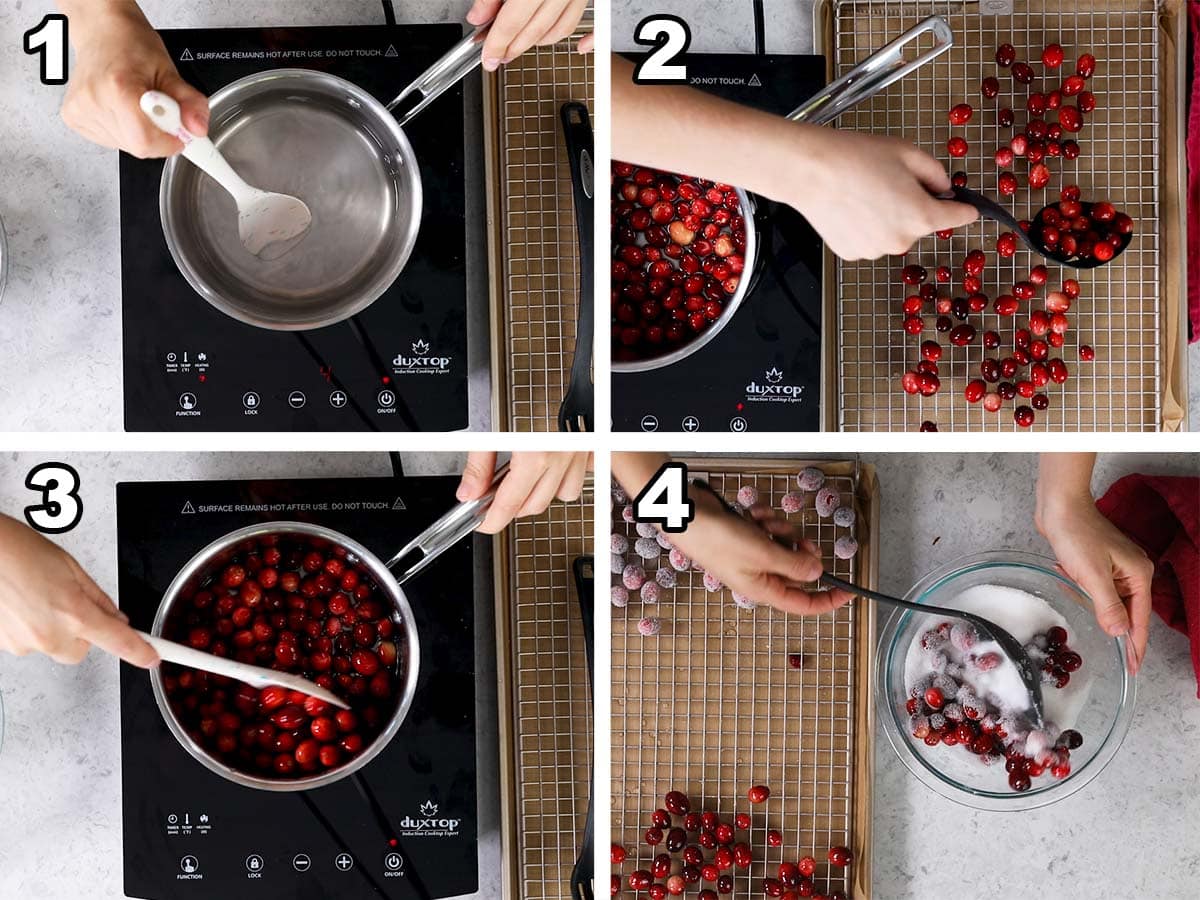 Collage of four photos showing cranberries being dipped in syrup and coated in sugar.