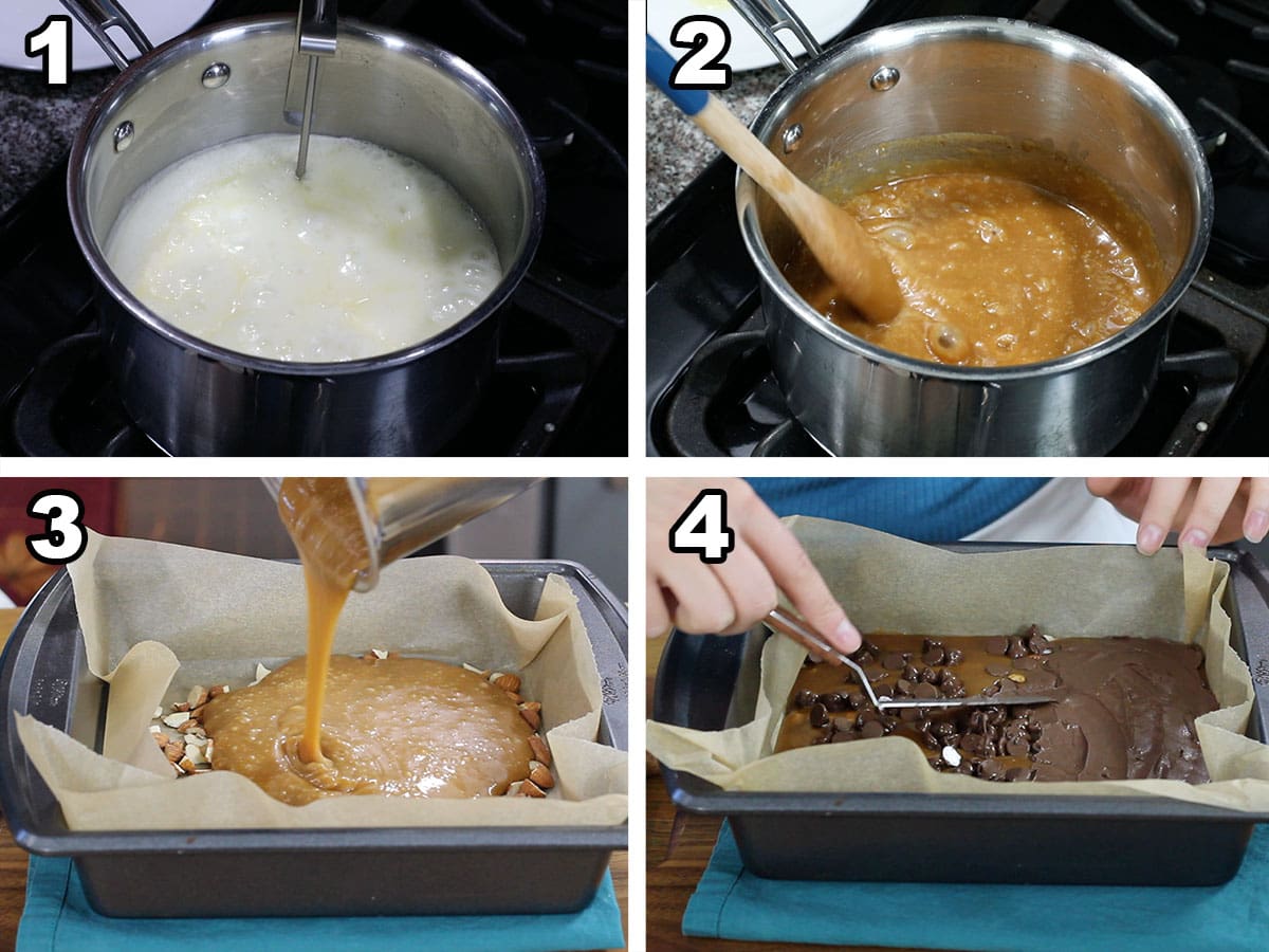 Collage of four photos showing how to make toffee.