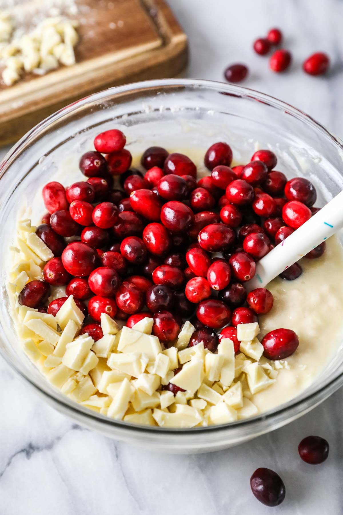 cranberry muffin batter -- cranberries and white chocolate about to be stirred in