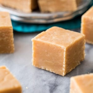Precisely cut cubes of homemade peanut butter fudge.