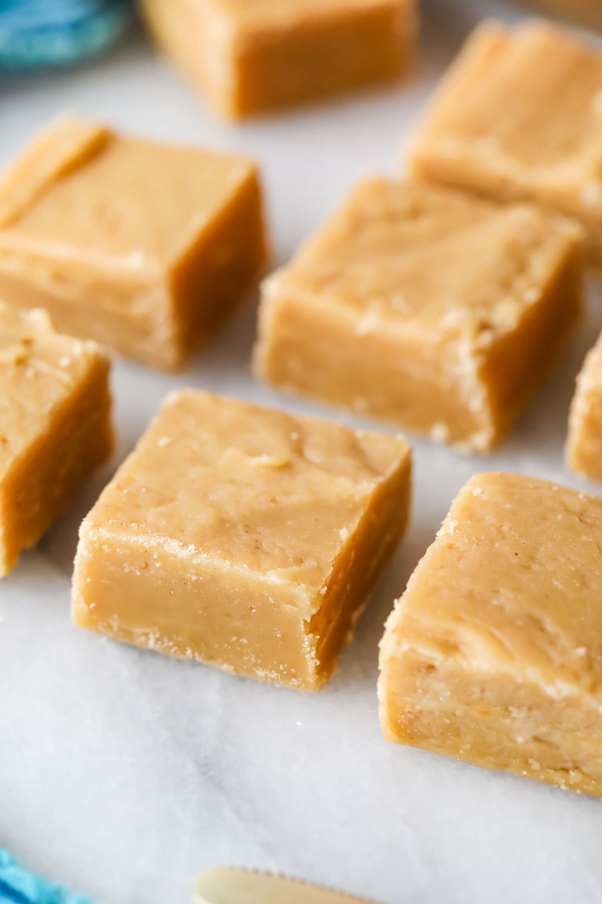 Cut squares of peanut butter fudge.