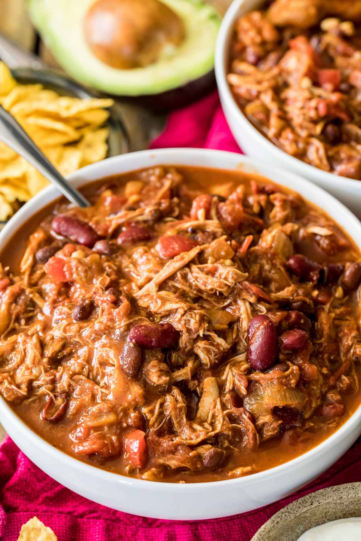 Bowl of chili made with leftover thanksgiving turkey.