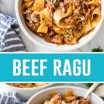 collage of beef ragu, top image was taken of bowl of ragu from above, bottom image taken from side view
