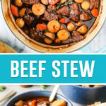 collage of beef stew, top image was taken of pot of stew photographed from above, bottom image taken from side view served in blue bowl