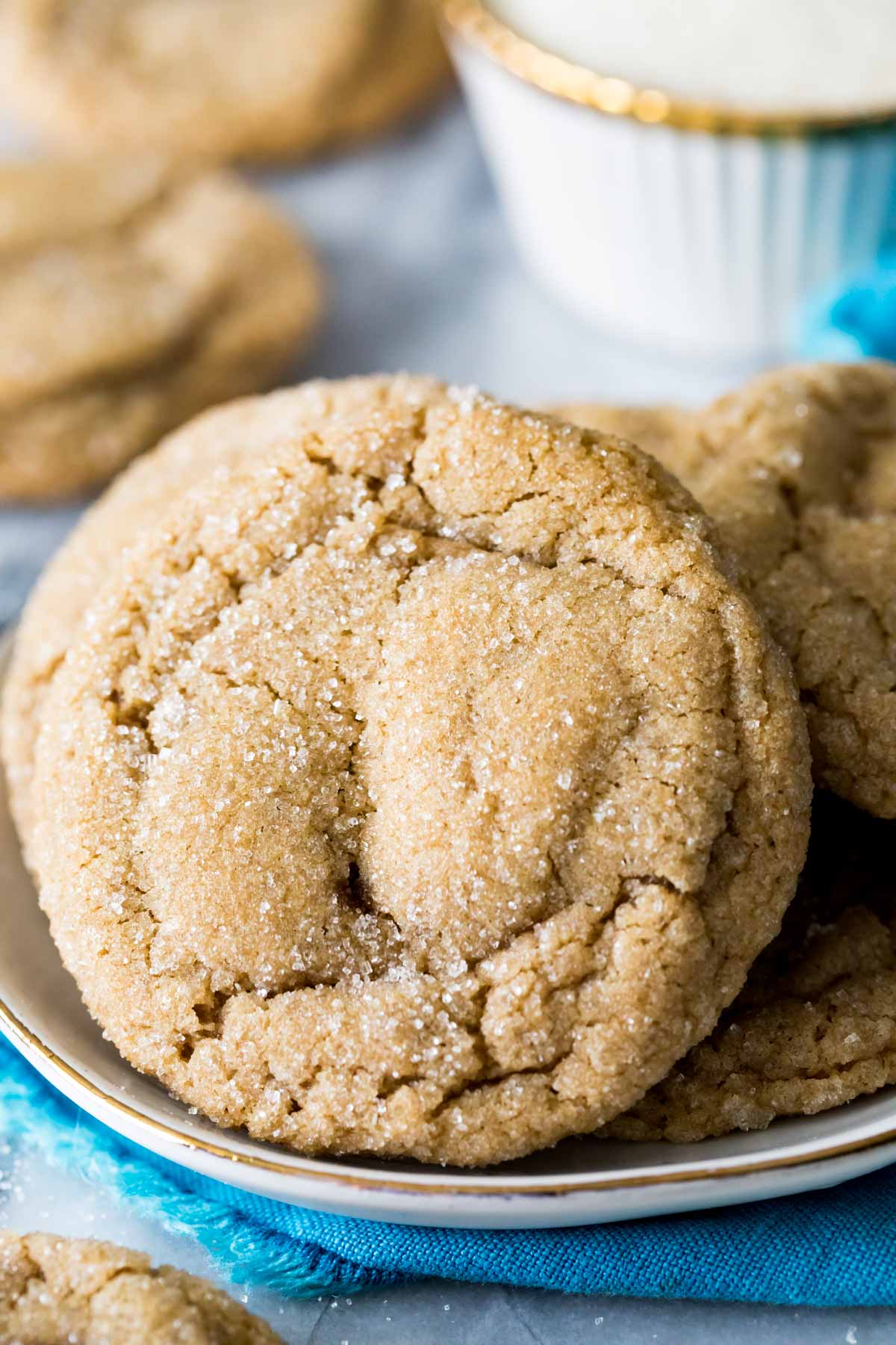 Close-up view of a crackly, sugar coated cookie.