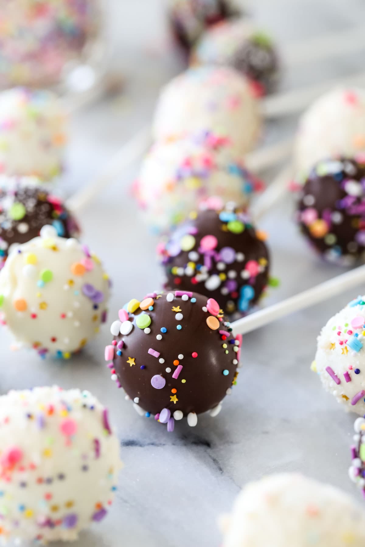 Chocolate and sprinkle covered cake pop surrounded by other cake pops.