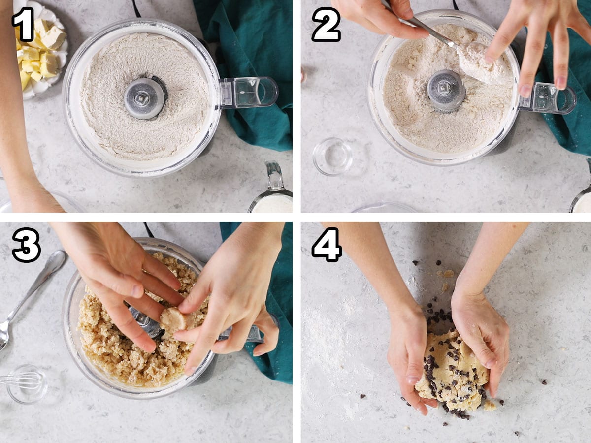 Collage of four photos showing scone dough being prepared in a food processor and worked into a disc.