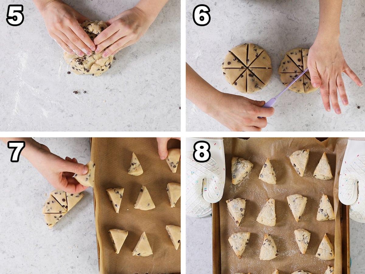 Collage of four photos showing scone dough being laminated, cut, and placed on a baking sheet.