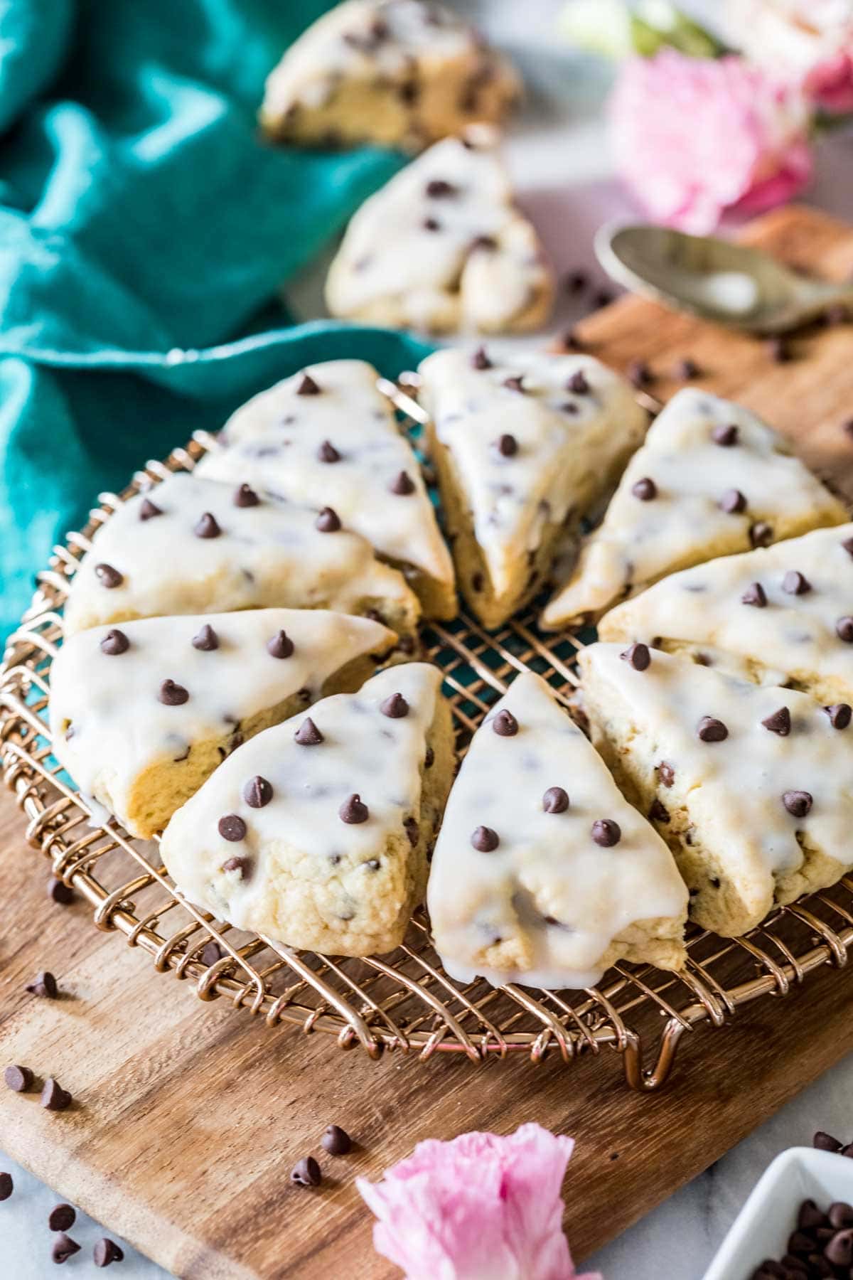 Triangular chocolate chip scones arranged in a circle on a cooling rack.