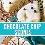 collage of chocolate chip scones, top image is of a close up of four scones on gold rack, bottom image photographed from above