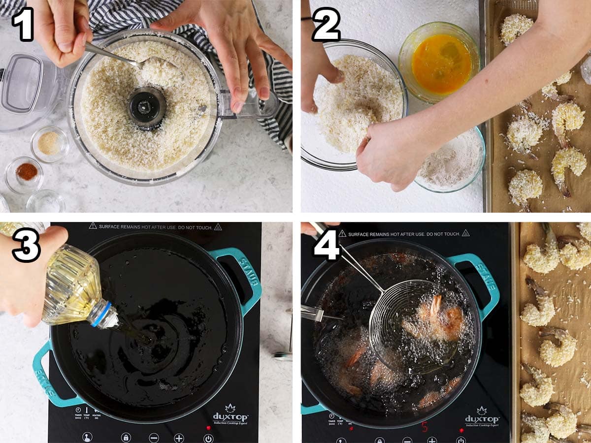 Collage of four photos showing shrimp being breaded and fried.