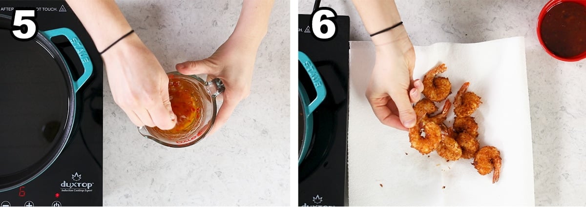 Collage of two photos showing a dipping sauce being prepared for fried shrimp.