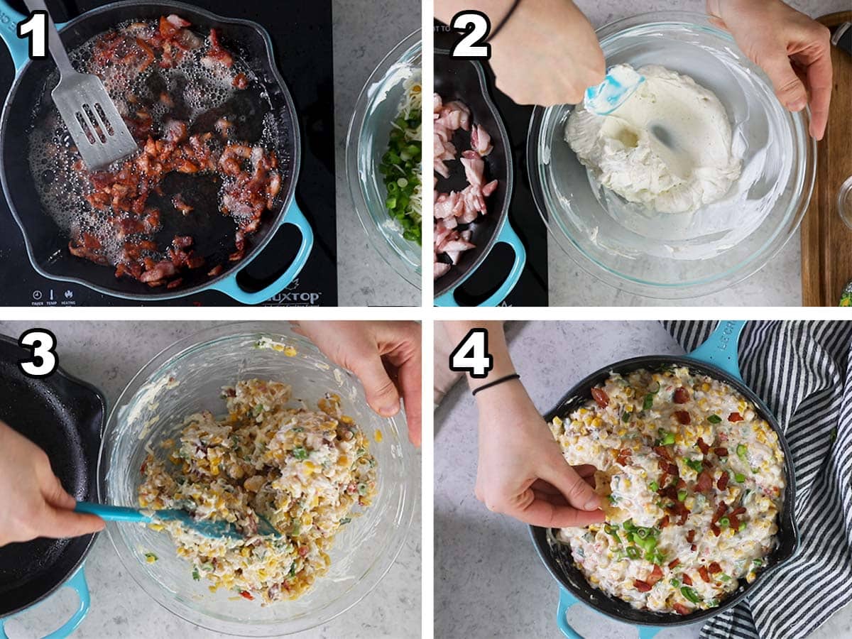 Collage of four photos showing ingredients being prepared and combined for a corn dip recipe.