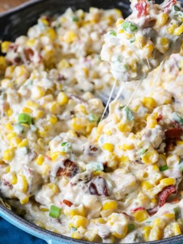 Cheesy corn dip in a skillet after baking.