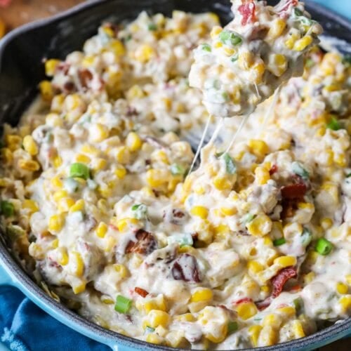 Cheesy corn dip in a skillet after baking.