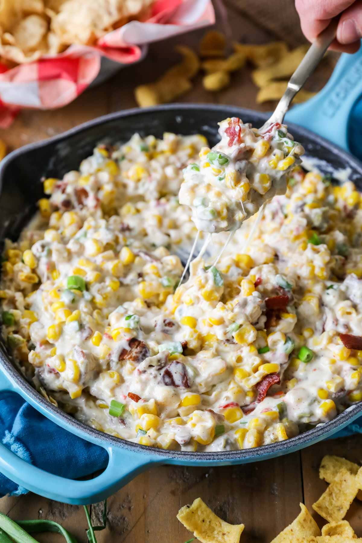 Cheesy corn dip in a skillet after baking.
