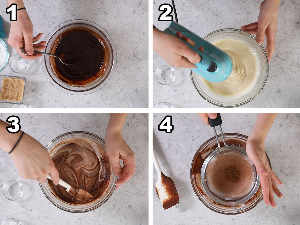 Collage of four photos showing melted chocolate being folded into a whipped egg mixture.