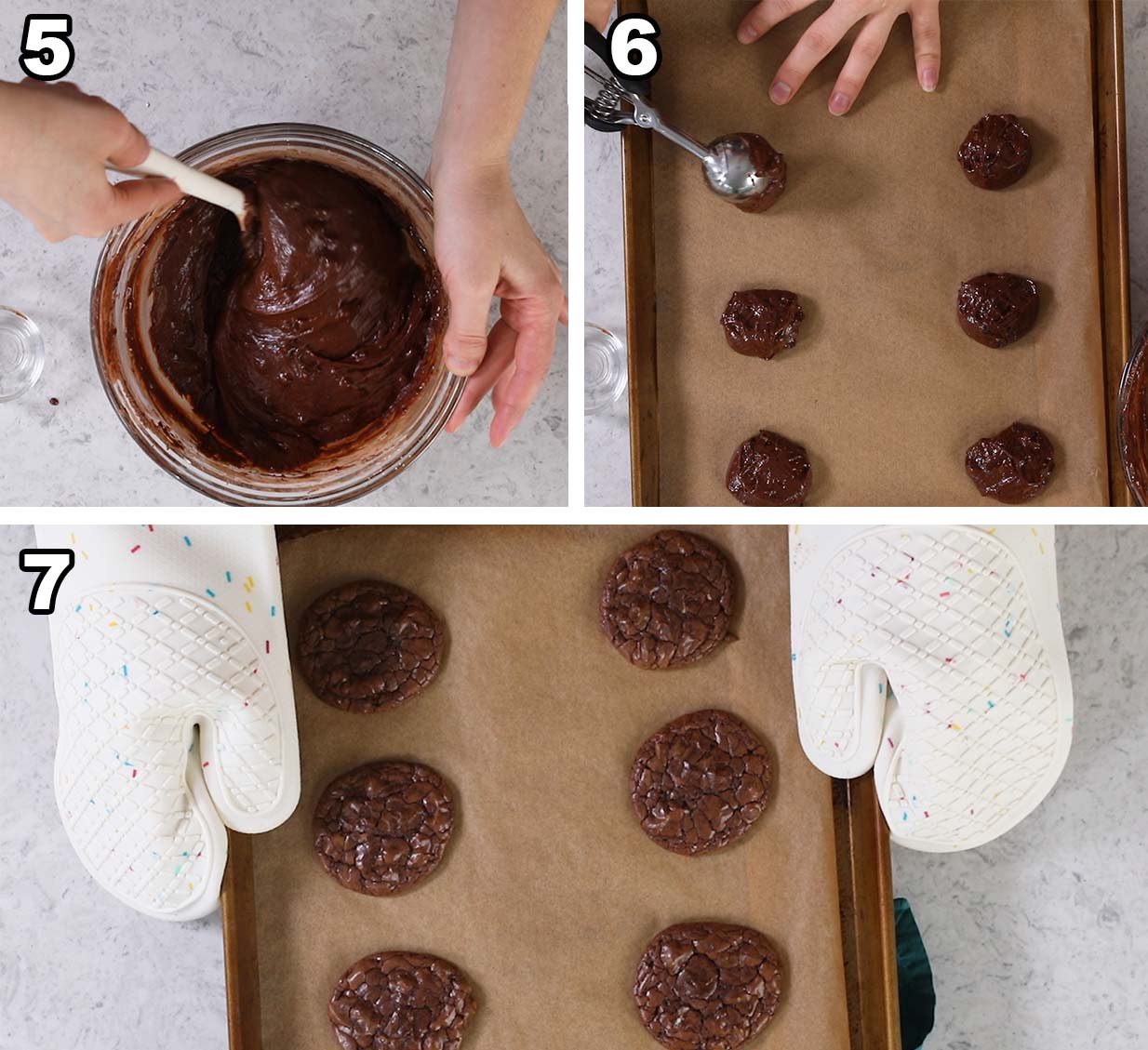 Collage of three photos showing chocolate cookie dough being scooped and baked.