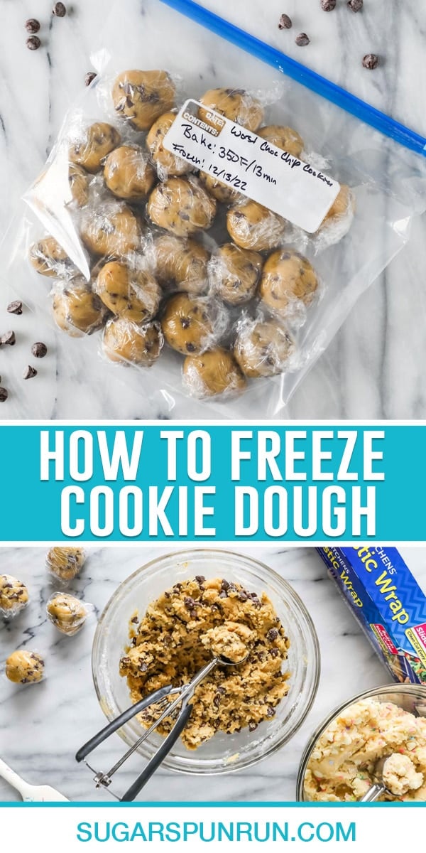 collage on how to freeze cookie dough, top image of frozen cookie dough balls in freeze bag, bottom image of cookie dough with scoop in glass bowl