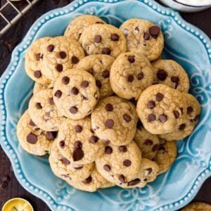 Overhead view of mini chocolate chip cookies on a plate.