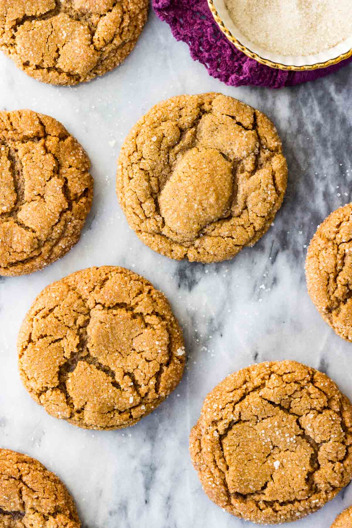 Overhead view of soft and chewy spice cookies with crackled, sugary exteriors.