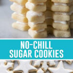 collage of no-chill sugar cookies, top image of snowflake cut out sugar cookies stacked and iced, bottom image of cut-out star and snowflake cookies decorated and nicely spread out photographed from above