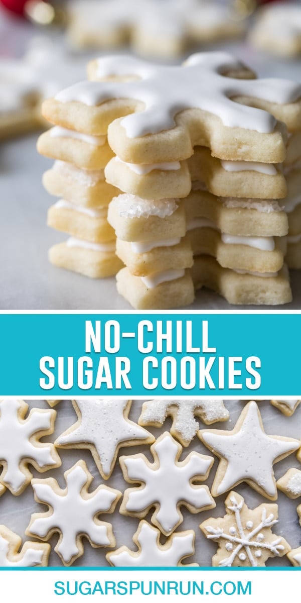 collage of no-chill sugar cookies, top image of snowflake cut out sugar cookies stacked and iced, bottom image of cut-out star and snowflake cookies decorated and nicely spread out photographed from above