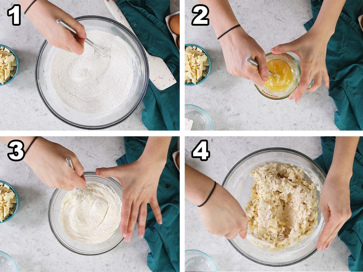 Collage of four photos showing muffin batter being prepared.