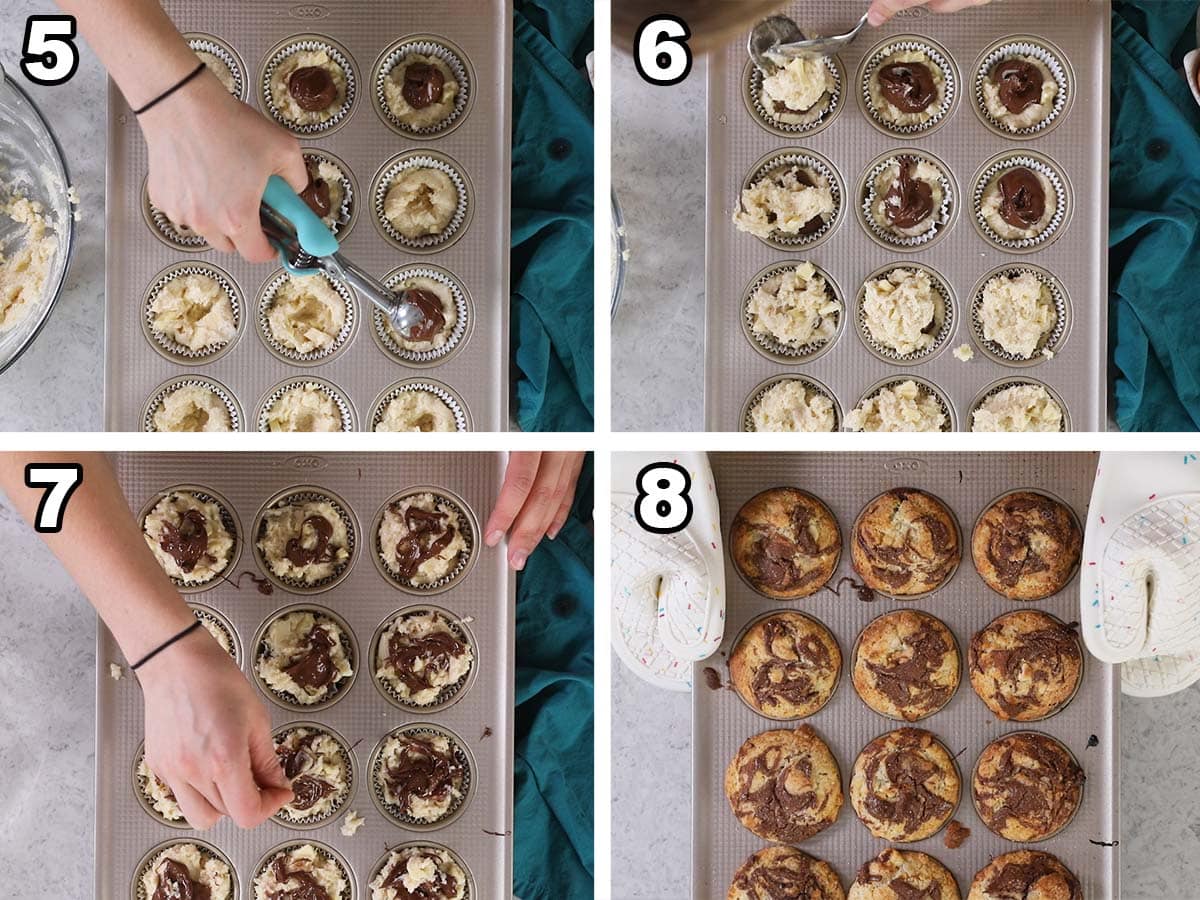 Collage of four photos showing nutella being scooped into the centers of muffins before baking and then after baking.