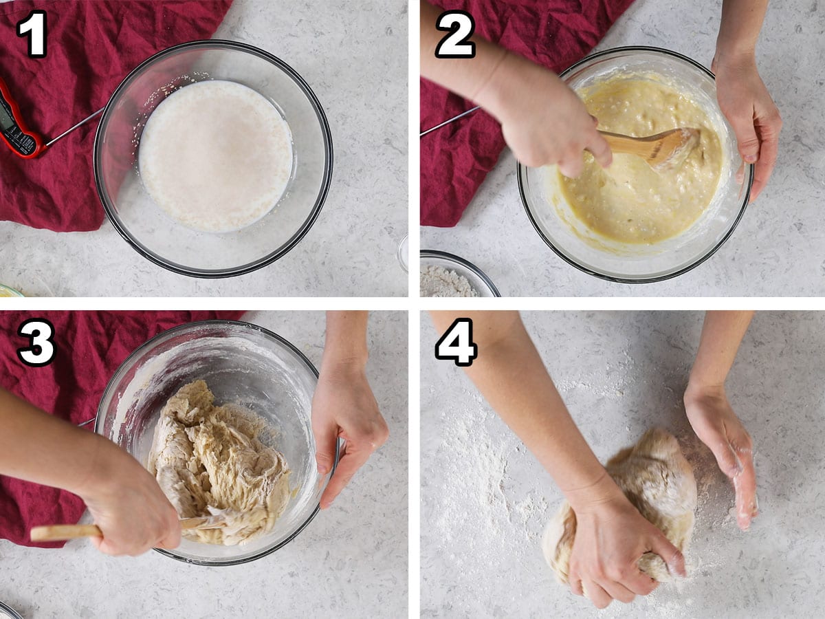 Collage of four photos showing a yeast dough being prepared and kneaded.