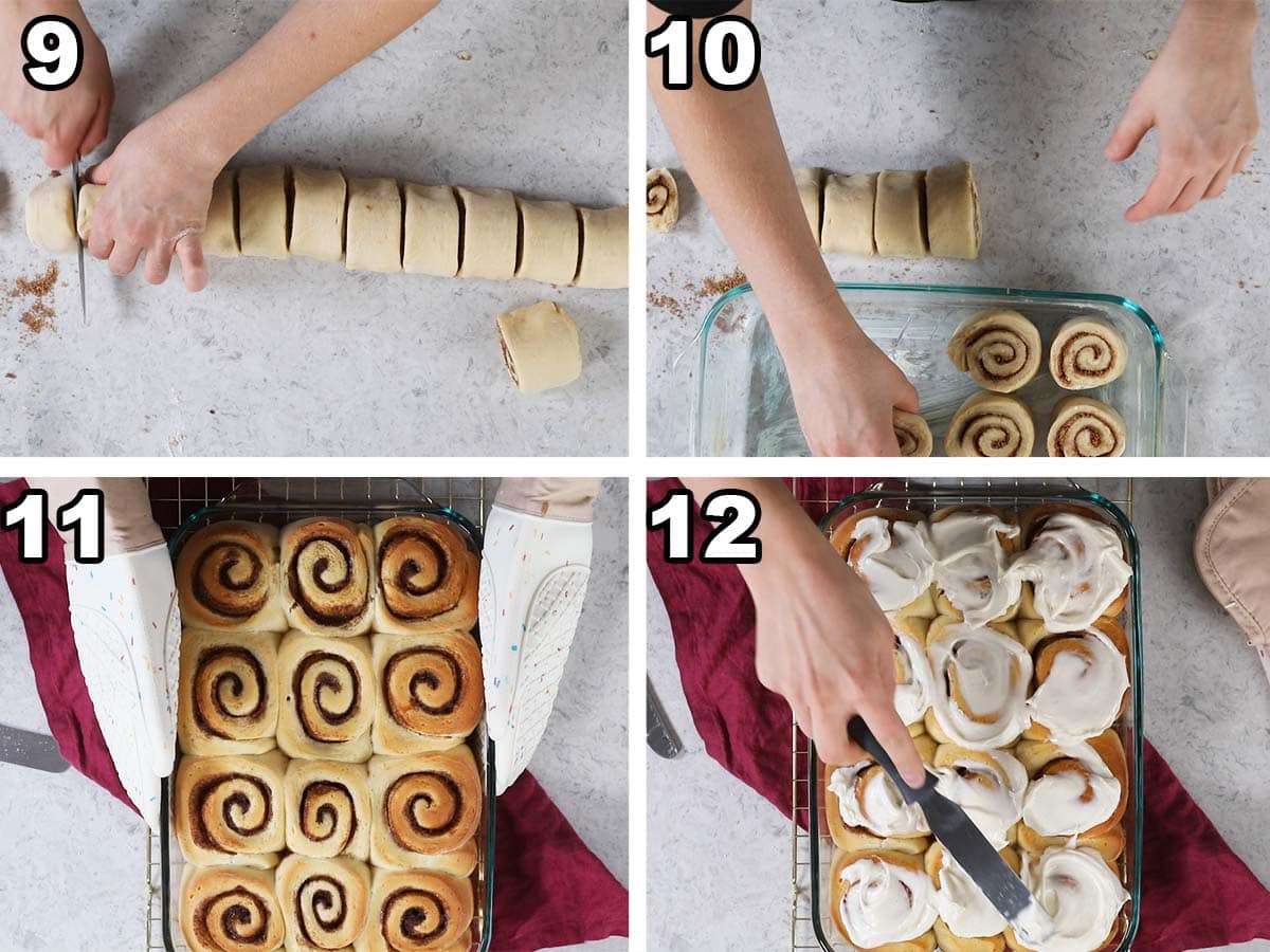Collage of cinnamon rolls being cut, risen, baked, and frosted.