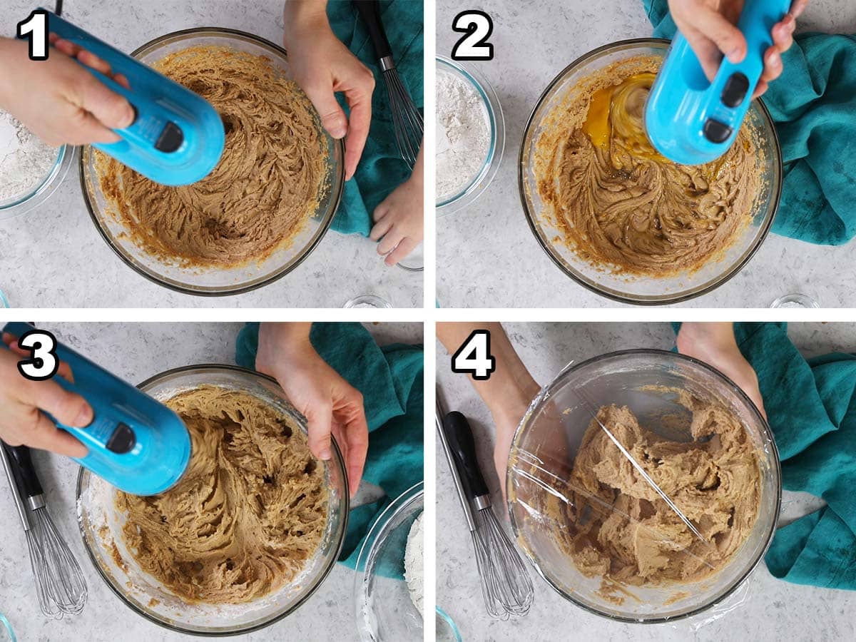 Collage of four photos showing peanut butter cookie dough being mixed.