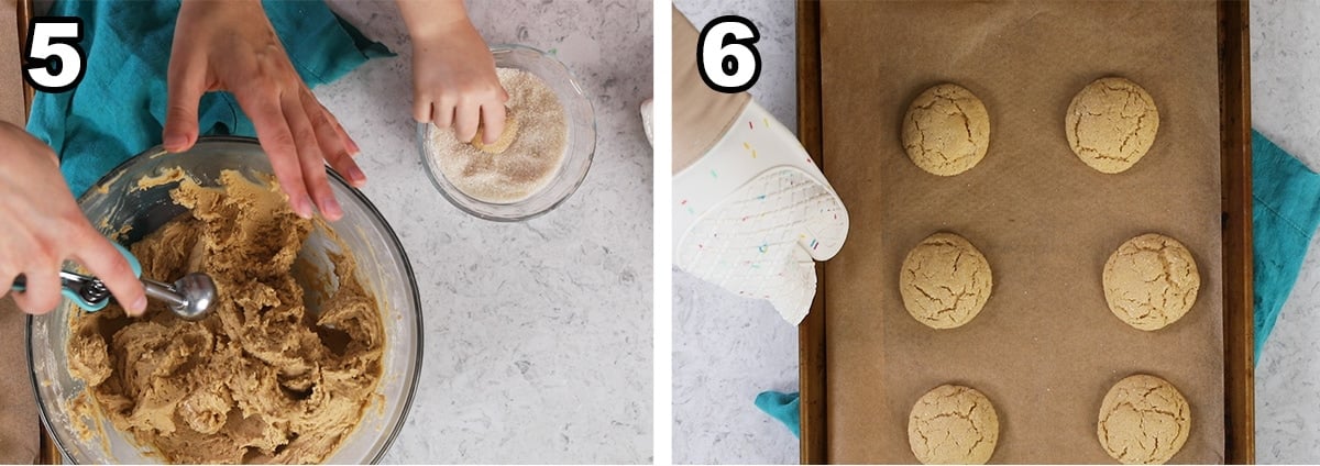 Collage of two photos showing peanut butter cookie dough being rolled through sugar and baked.