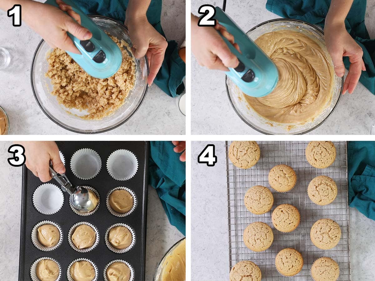 Collage of four photos showing cupcake batter being prepared, poured into liners, and baked.