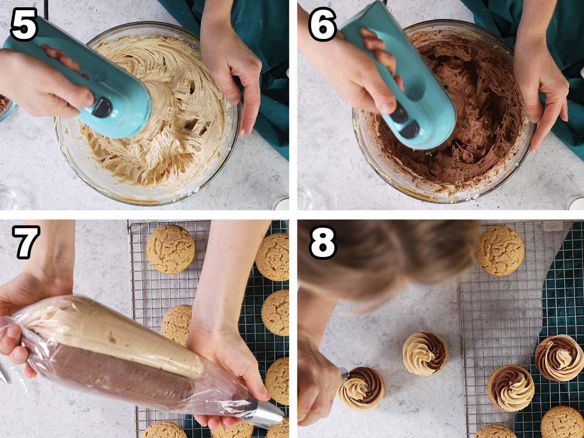 Collage of four photos showing two types of frosting being prepared and swirled together on top of cupcakes.
