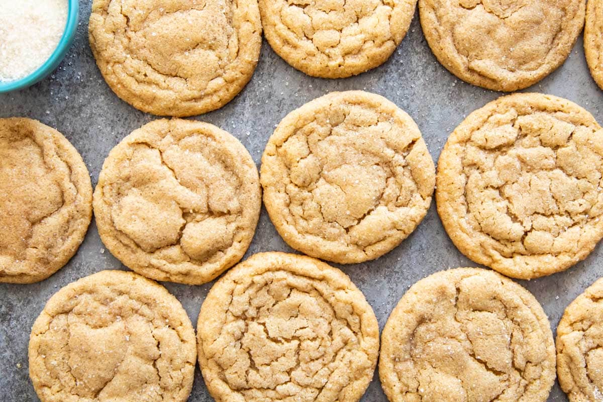 Overhead view of crinkly peanut butter cookies.