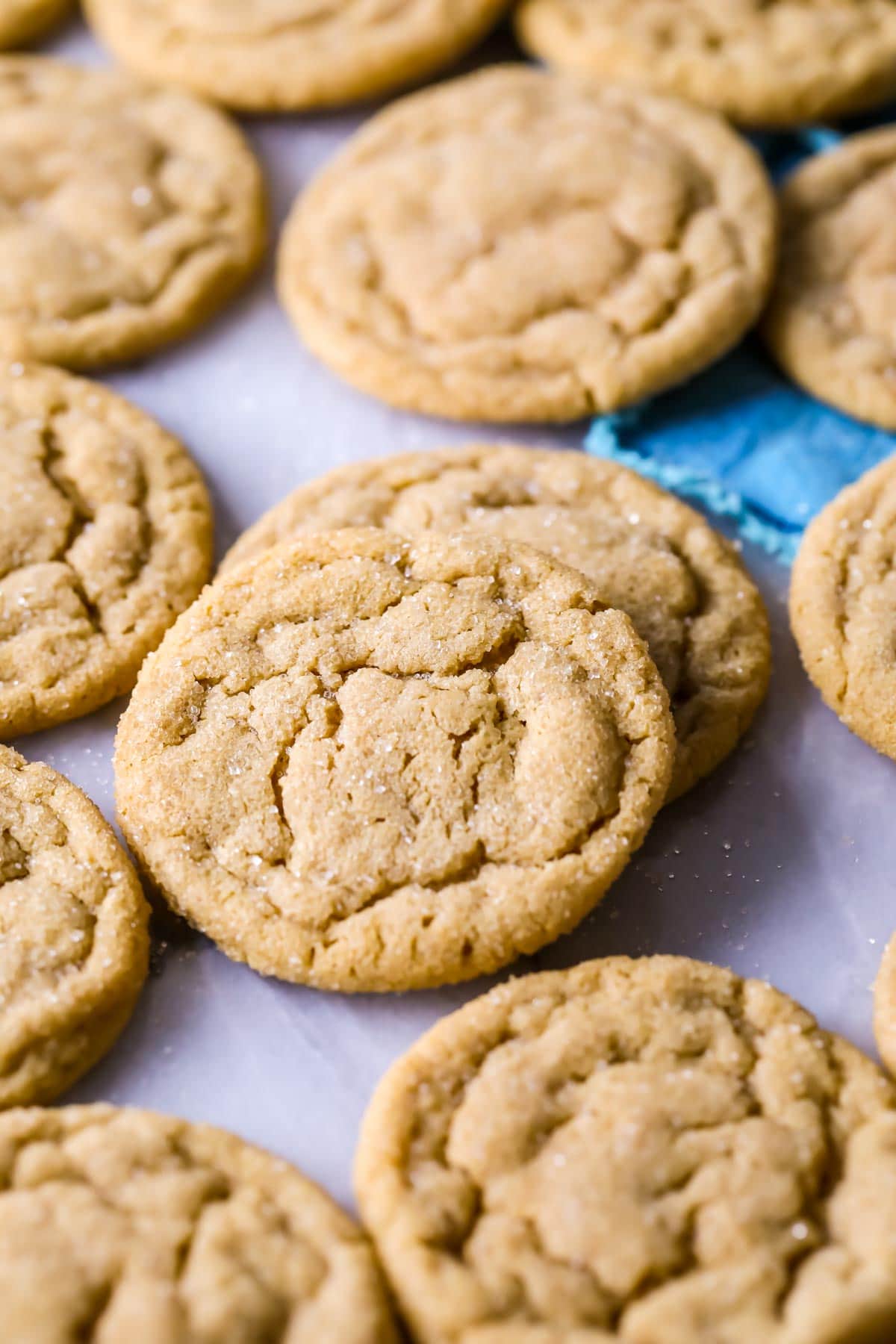 Close-up view of peanut butter crinkle cookies.