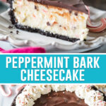collage of peppermint bark cheesecake, top image of single slice of cheesecake, bottom image of full cheesecake