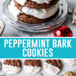 collage of peppermint bark cookies, top image of four cookies stacked, bottom image of cookies on marble slab nicely spread out