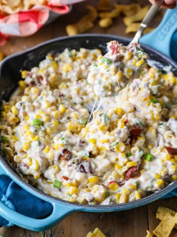Cheesy corn dip in a skillet after baking.